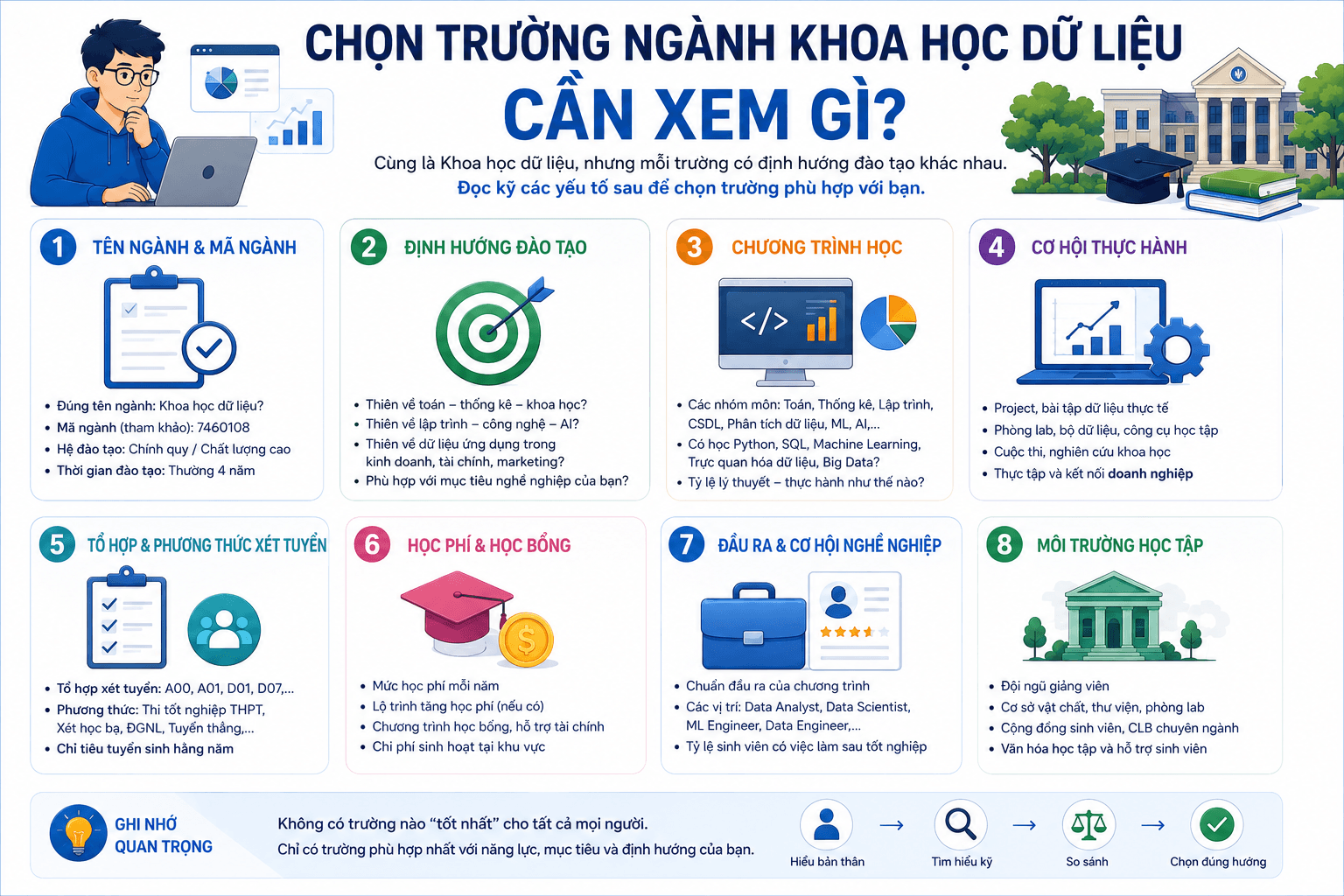 Infographic hướng dẫn chọn trường ngành Khoa học dữ liệu dựa trên định hướng toán thống kê, lập trình, AI, dữ liệu ứng dụng và kinh doanh
