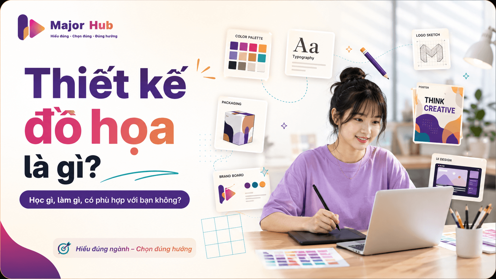 Thumbnail bài viết ngành Thiết kế đồ họa là gì, giúp học sinh hiểu ngành học, kỹ năng và hướng nghề