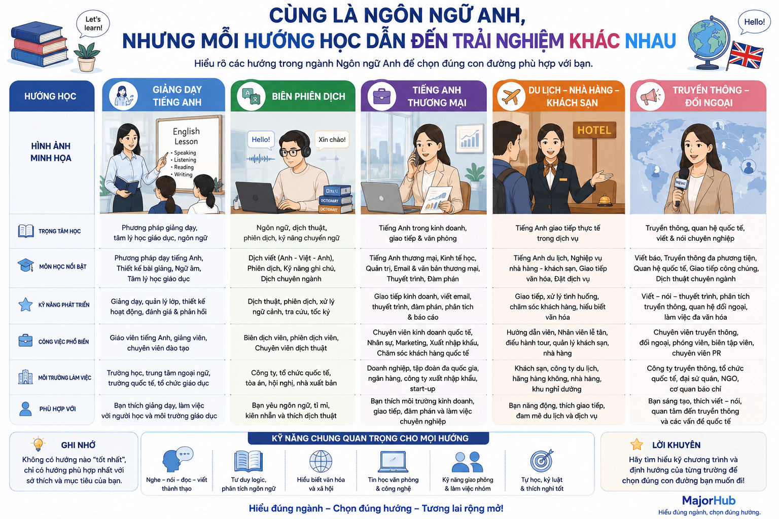 Infographic so sánh các hướng học trong ngành Ngôn ngữ Anh như giảng dạy tiếng Anh, biên phiên dịch, tiếng Anh thương mại, du lịch, truyền thông và đối ngoại