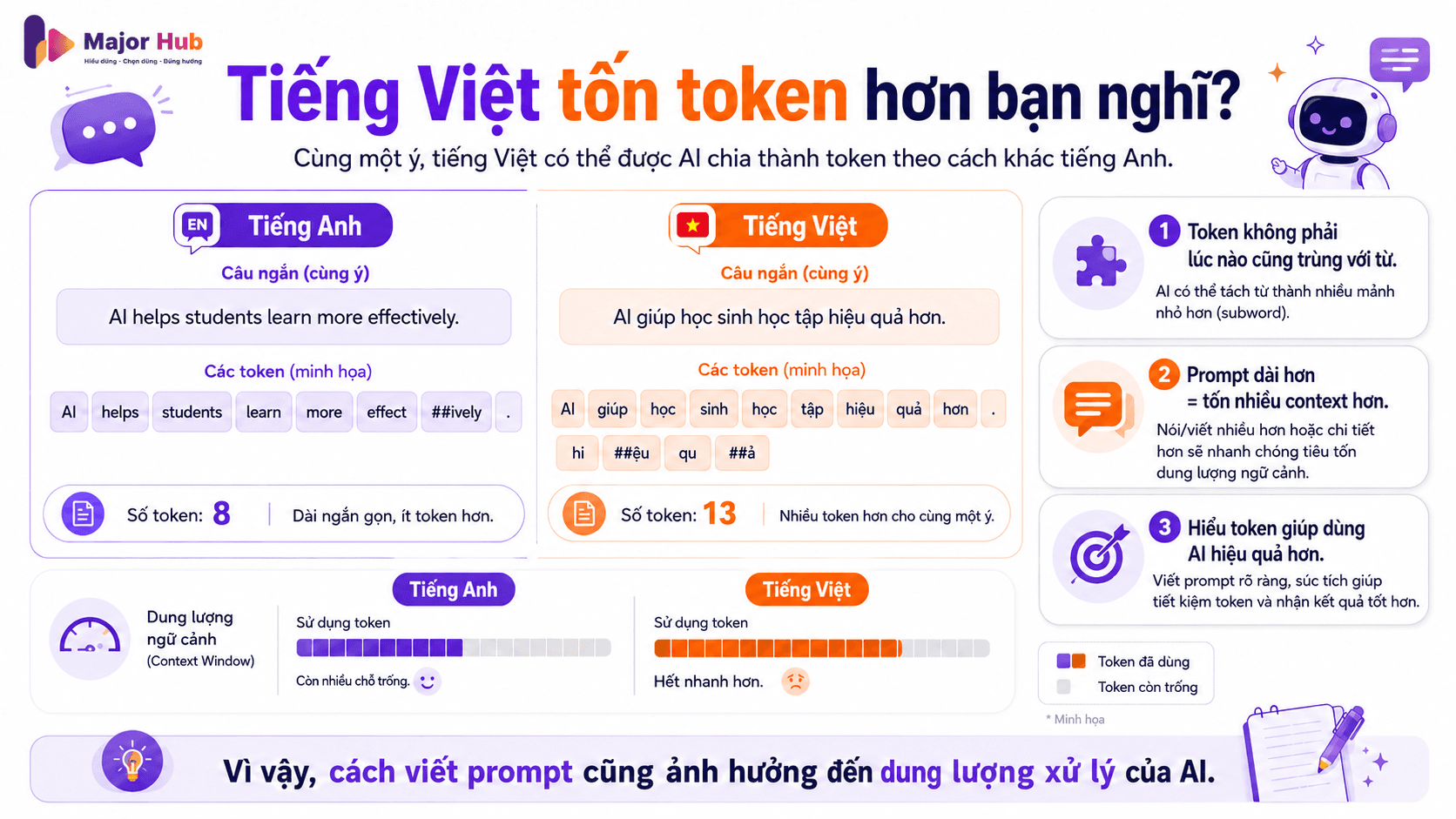 Infographic so sánh cách AI chia token giữa tiếng Anh và tiếng Việt, giúp người mới hiểu vì sao tiếng Việt có thể tốn nhiều token hơn