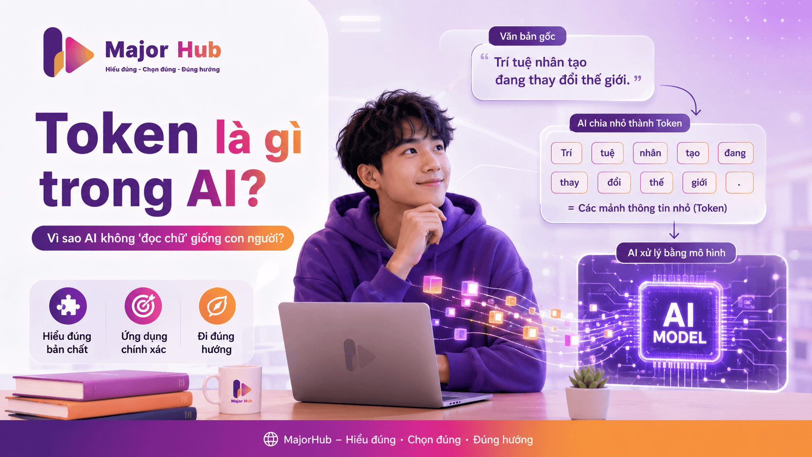 Minh họa khái niệm token trong AI, giúp người mới hiểu vì sao AI không đọc chữ giống con người