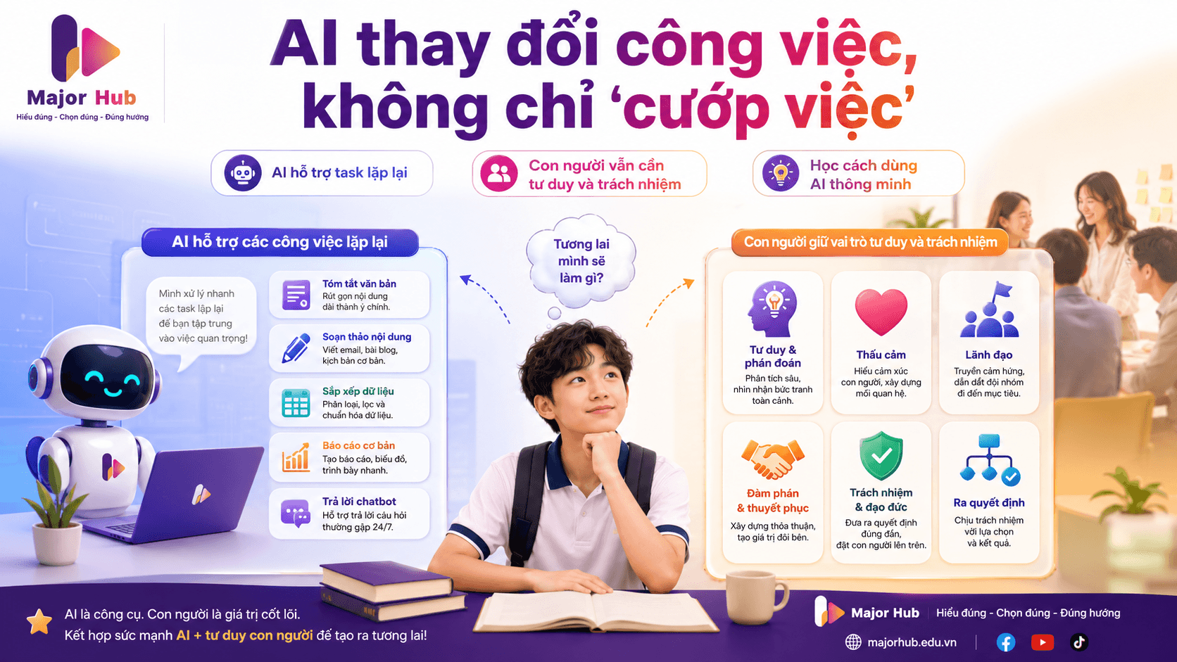 Minh họa AI thay đổi công việc bằng cách hỗ trợ task lặp lại trong khi con người vẫn cần tư duy và trách nhiệm