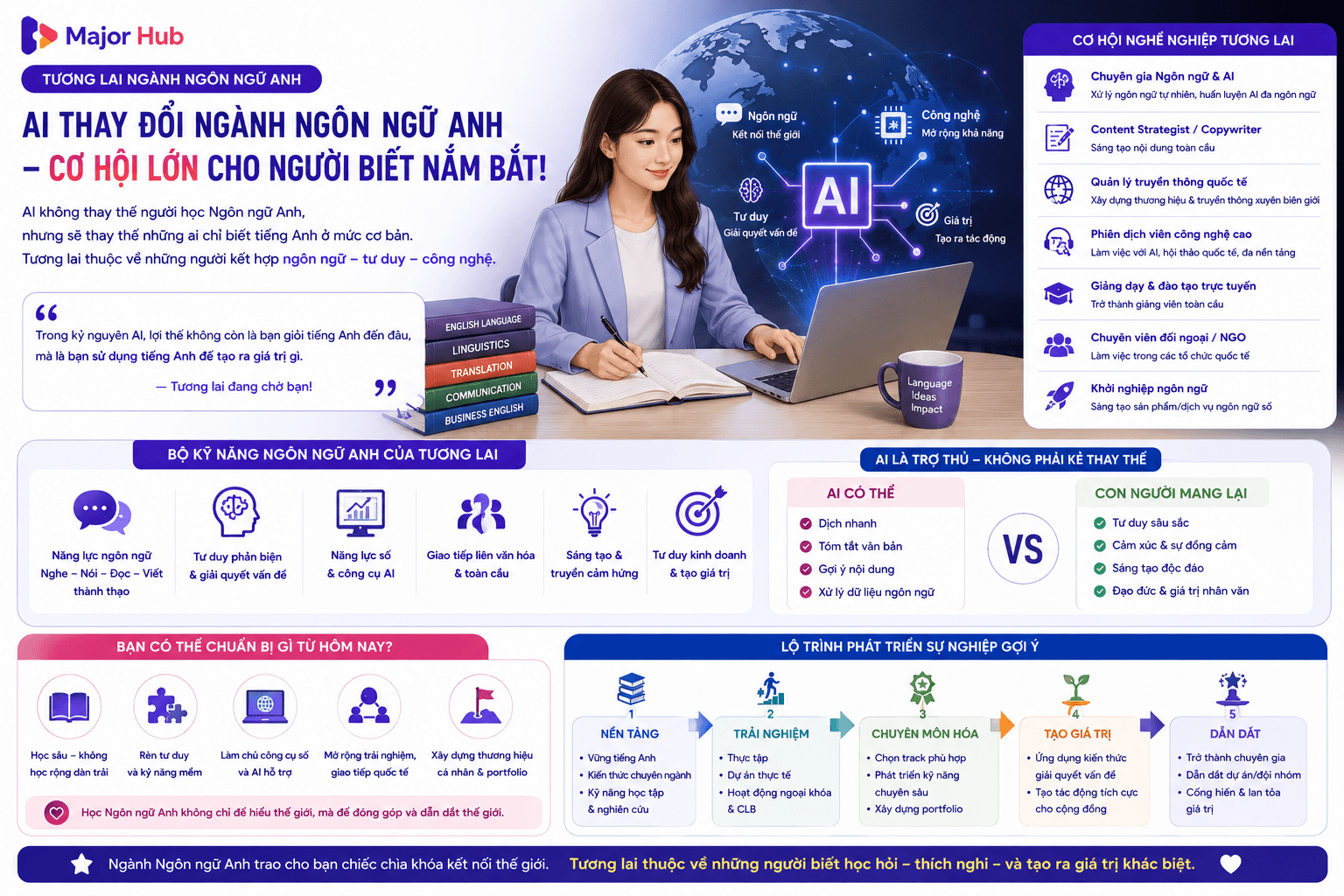 Minh họa AI ảnh hưởng đến ngành Ngôn ngữ Anh, từ giảng dạy, dịch thuật, viết tiếng Anh đến kỹ năng nghề nghiệp trong tương lai