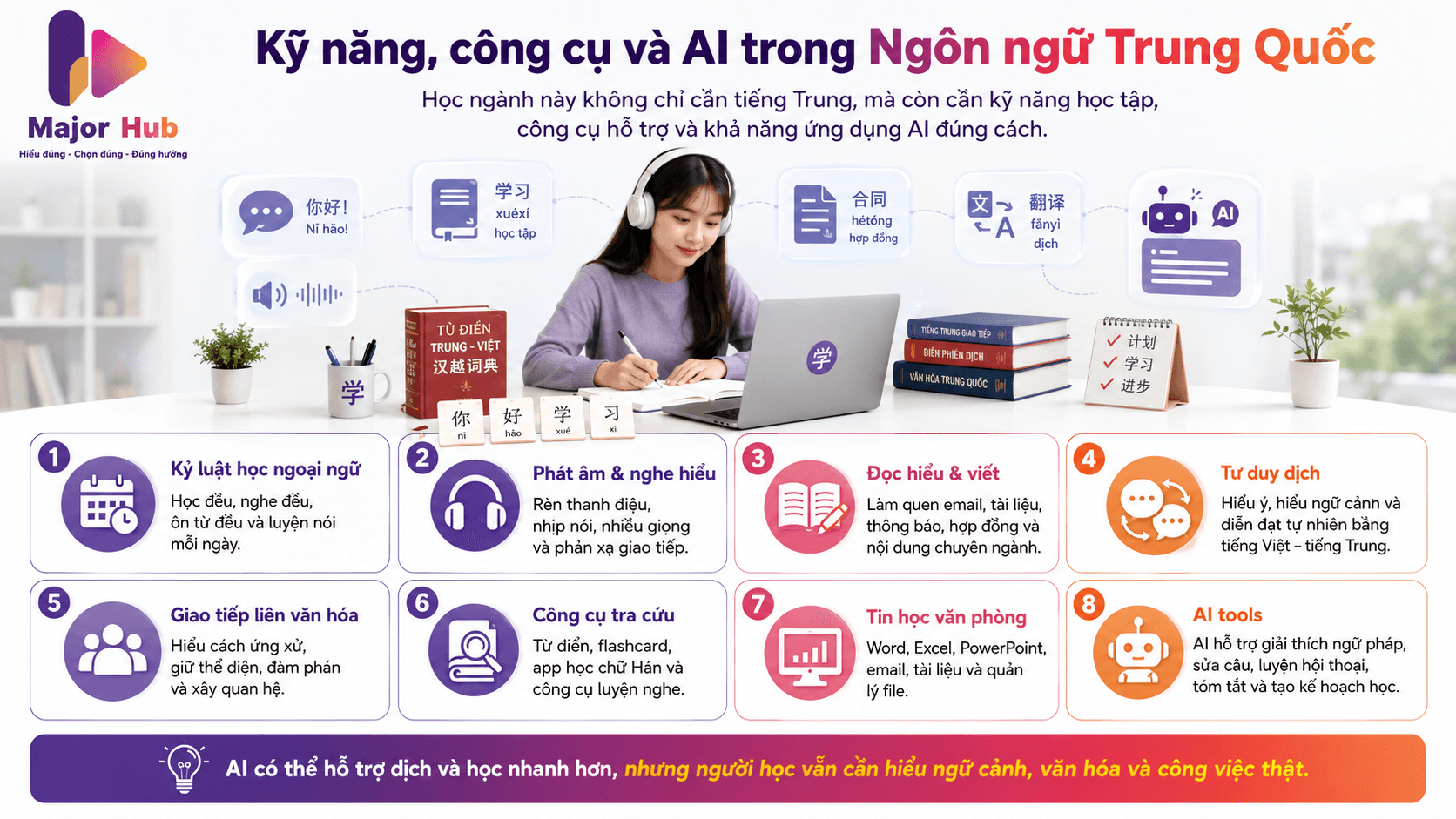 Infographic kỹ năng, công cụ và AI hỗ trợ sinh viên Ngôn ngữ Trung Quốc như kỷ luật học ngoại ngữ, phát âm, dịch, văn hóa, từ điển, flashcard và AI tools