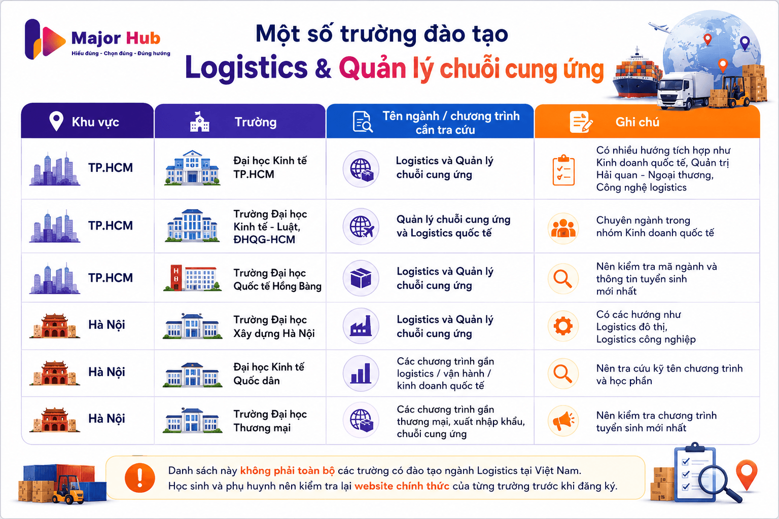 Infographic một số trường và chương trình đào tạo Logistics theo khu vực như TP.HCM và Hà Nội để học sinh bắt đầu tra cứu